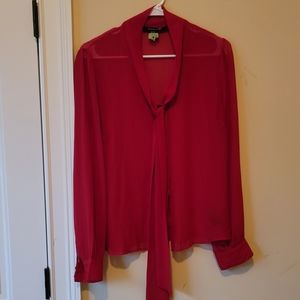 Forever 21 Dark Red Tie Neck Sheer Long Sleeve Blouse Shirt Top